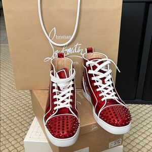 Christian Louboutin Red Spiked Sneakers with White Accents